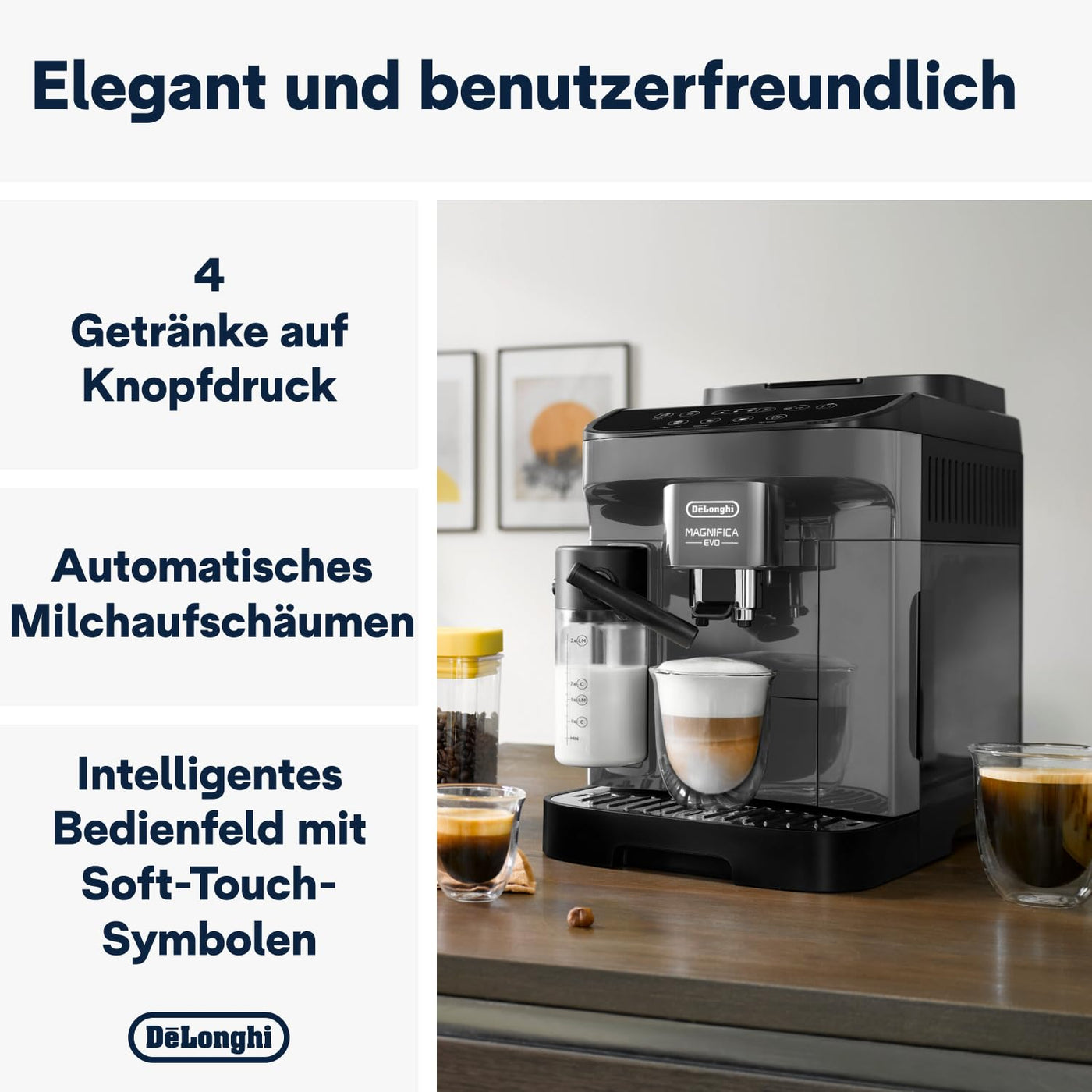 De'Longhi Magnifica Evo ECAM292.52.GB, Kaffeevollautomat mit Milchsystem, 4 Direktwahltasten für Cappuccino, Espresso und weitere Getränke, intuitives Bedienfeld, 2-Tassen-Funktion, Schwarz