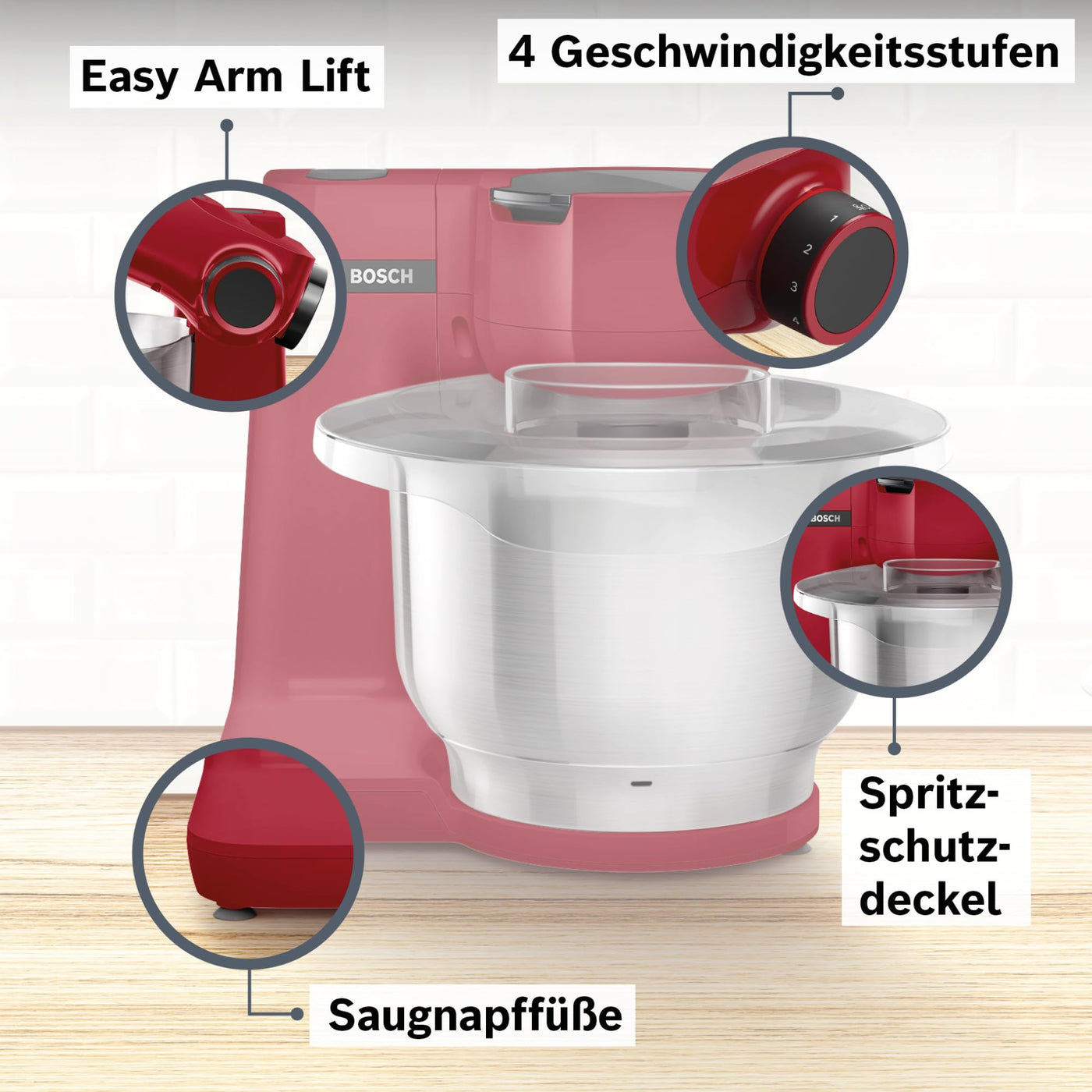 Bosch Hausgeräte Küchenmaschine MUM Serie 2 MUMS2ER01, Edelstahl-Schüssel 3,8 L, Planetenrührwerk, Knethaken, Schlag-, Rührbesen Edelstahl, Durchlaufschnitzler, 3 Scheiben, 700 W, rot