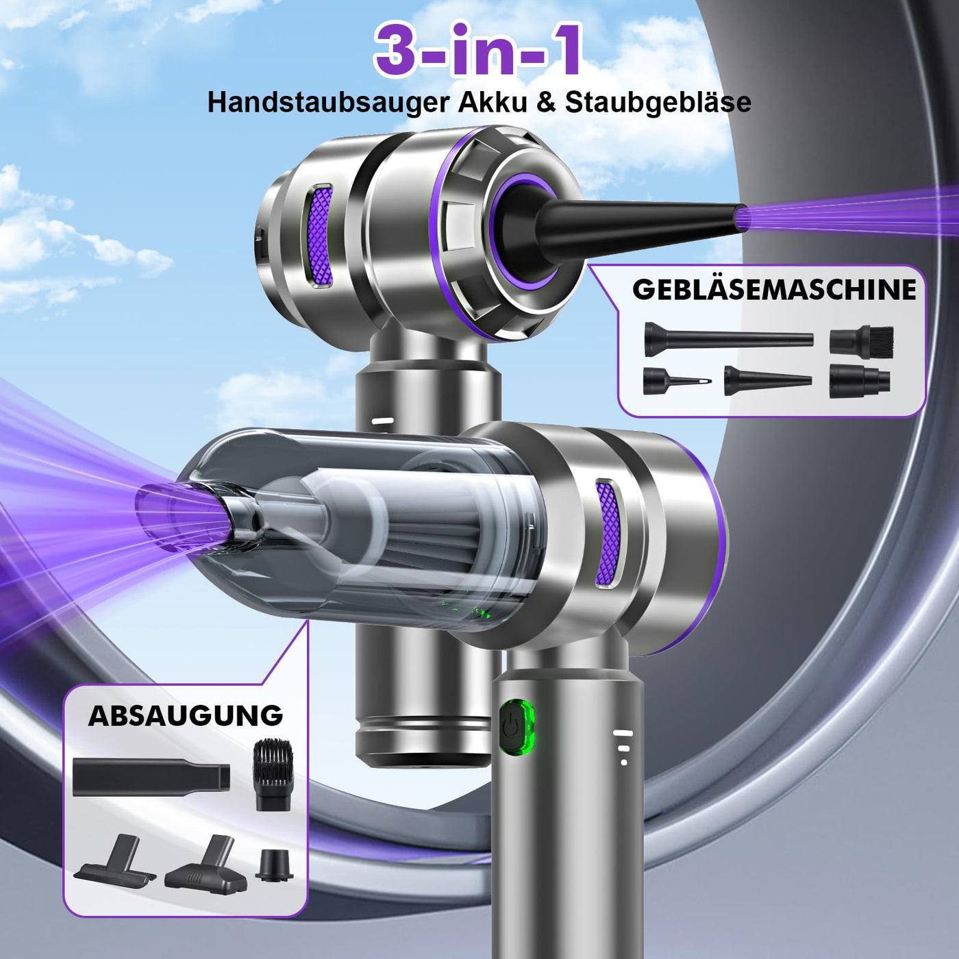 3-in-1 Handstaubsauger Akku,Auto Staubsauger Stark,18000PA Handstaubsauger Kabellos,3-Gang 200000 U/min Elektrische Staubgebläse Druckluftspray für Auto,Küche,PC,Sofa,Büro,Haus& Tierhaar Reinigung