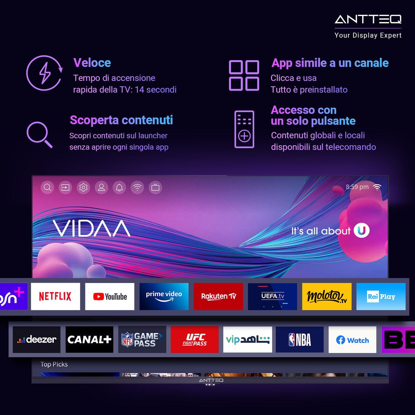 Antteq AV24H3 Fernseher 24 Zoll (60 cm) Smart TV mit Netflix, Prime Video, Rakuten TV, DAZN, YouTube, UVM, WiFi, Triple-Tuner DVB-T2 / S2 / C