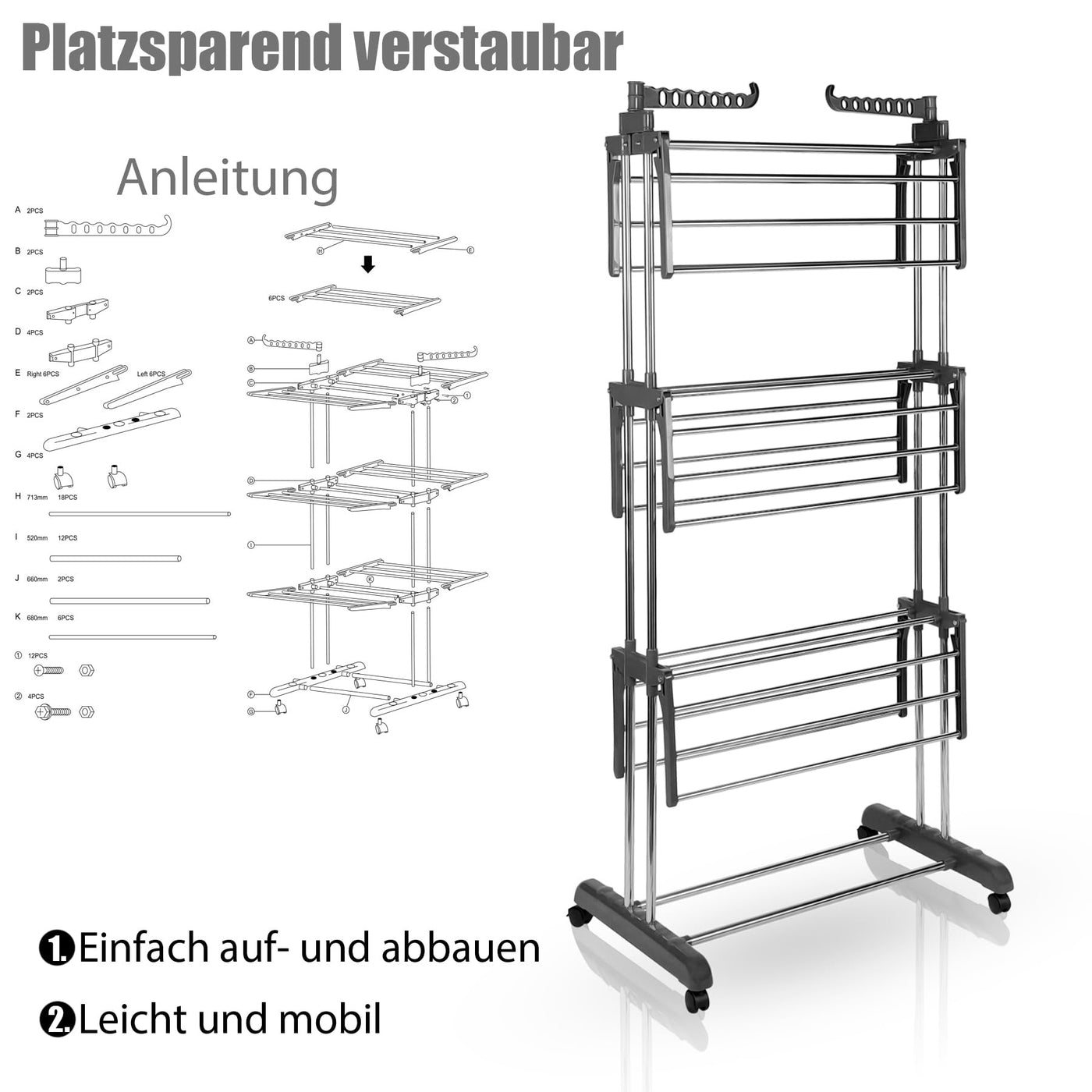 BigDean Wäscheständer Turm 16m Trockenlänge mit 3 Ebenen und 4 Rollen in Grau - Wäscheständer platzsparend für innen & außen