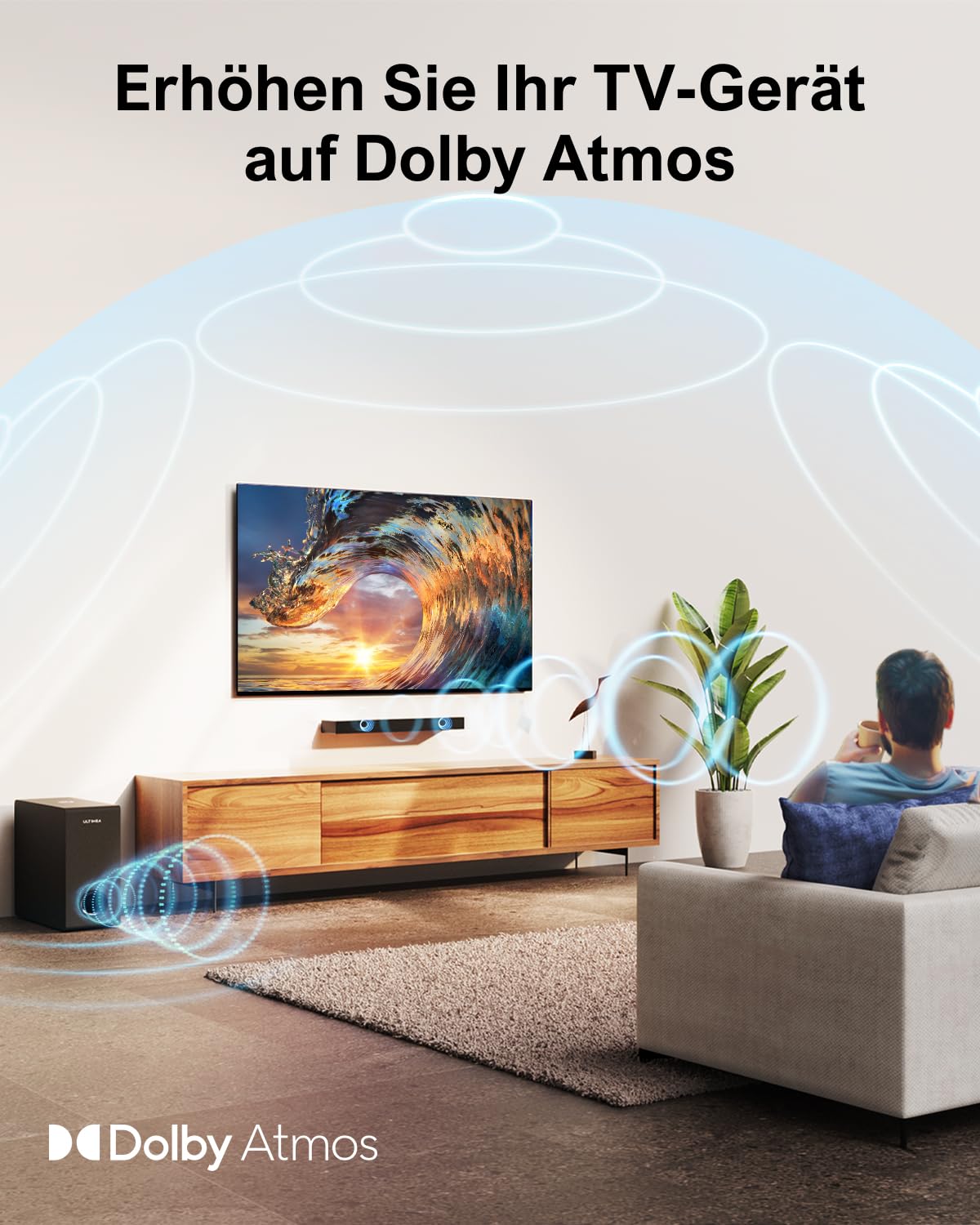 ULTIMEA Soundbar für TV Geräte mit Dolby Atmos, BassMAX, 3D Surround Sound System für TV Lautsprecher Heimkino, Soundbar mit Subwoofer, 5.3 Bluetooth PC Sound Bars, 190W Spitzenleistung, Nova S50