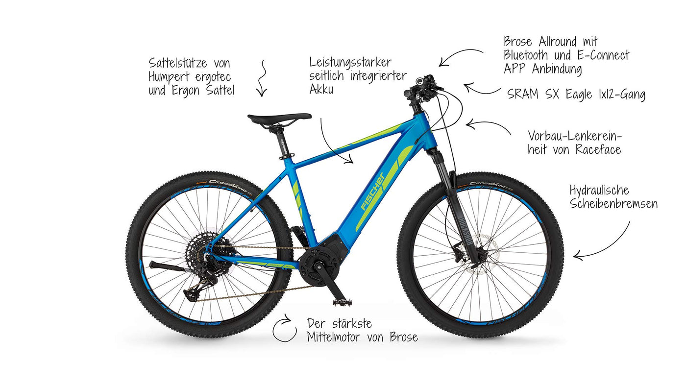 FISCHER E-Bike | MTB Mountainbike MONTIS 6.0i Elektrofahrrad für Damen und Herren | RH 46 cm Mittelmotor 90 Nm | 36 V Akku im Rahmen, Blau Matt, 46cm-504Wh