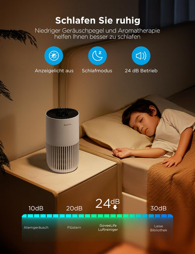 GoveeLife Mini-Luftreiniger für das Schlafzimmer, HEPA Smart Filter Luftreiniger mit Alexa App Steuerung gegen Tierhaare, Gerüche, Pollen, Rauch, tragbarer Luftreiniger mit 3 Geschwindigkeiten, Timer