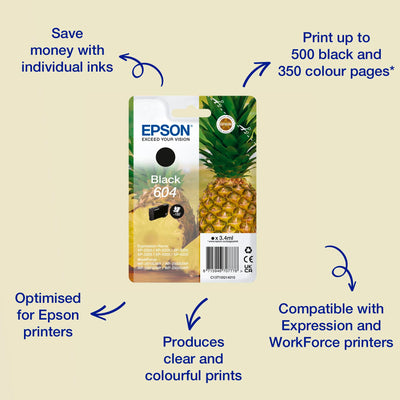 Epson Orginal 604 Tinte Ananas Singlepack schwarz Standard, XP-2200 XP-2205 XP-3200 XP-4205 WF2910DWF WF2930DWF WF2950DWF, ReadyPrint Flex-Tintentarife