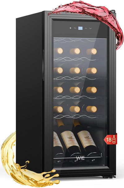 WIE Weinkühlschrank Compressor 53 Liter 18 Flaschen Getränkekühlschrank Kleiner Weinschrank Klein Wein-Kühlschrank mit Glastür,Vollglas-Designtür mit LED Touchpanel,Anti-UV, Wine Fridge 5-18°C