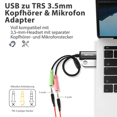 DuKabel Externe USB Soundkarte Adapter für Computer, Laptop und PS4, USB auf 2 x 3.5mm Buchse Aux Audio Konverter Kabel für Kopfhörer, Lautsprecher und 3 Pole TRS Mikrofon - Schwarz