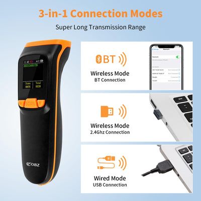 1D 2D Bluetooth Barcode Scanner Kabellos mit Display, OBZ Wireless QR Code Scanner USB mit Bildschirm Barcode-Anzeige Batteriestandsanzeige Tragbarer Handscanner für Tablets PC POS, Windows Mac OS iOS