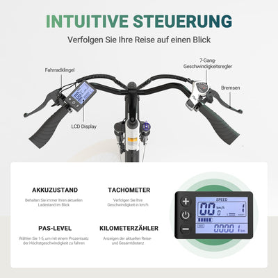 ESKUTE C100 E-Bike, 26 Zoll Elektrofahrrad, E-Cityrad 250W HeckMotor, 375Wh Wechselakku,bis zu 60km, LCD-Display, Tiefeinsteiger E-CityBike Für Damen und Herren Erwachsene Weiß