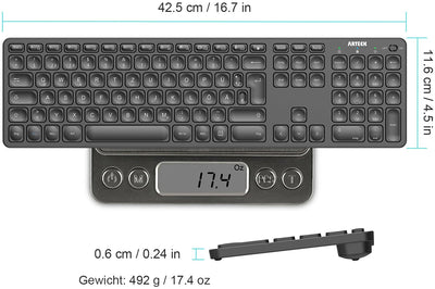 Arteck Kabellose Tastatur, Deutsches QWERTZ Layout wiederaufladbare USB Anschluss 2,4 GHz Kabellos Tastatur mit Multimedia-Tasten, Kompatibel mit PC, Computer, Notebook, Laptop, Windows 11, 10, 8