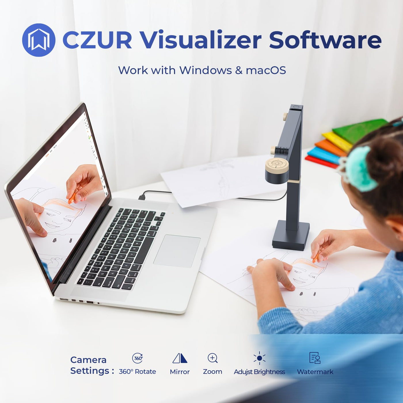 CZUR 12MP USB-Dokumentenkamera 4K Auflösung, Visualizer mit Dual-Auto-Fokus, 60FPS, A3-Format, LED Licht, MIC, Drehen, Spiegeln, Faltbarer Document Camera für macOS und Windows | Fancy S Pro