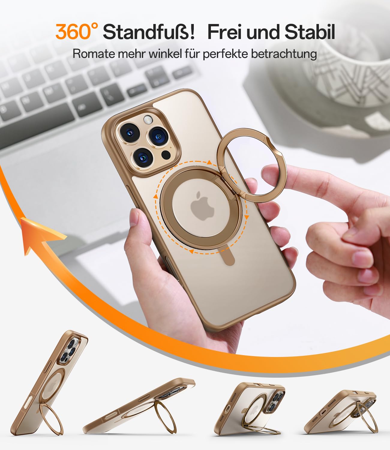 JUESHITUO 360° Magic Stand für iPhone 16 Pro Hülle [Militärschutz] [Unsichtbarer Ständer] Stoßfeste Kratzfeste Schutzhülle Dünne Case Handyhülle für MagSafe Titan Wüstensand