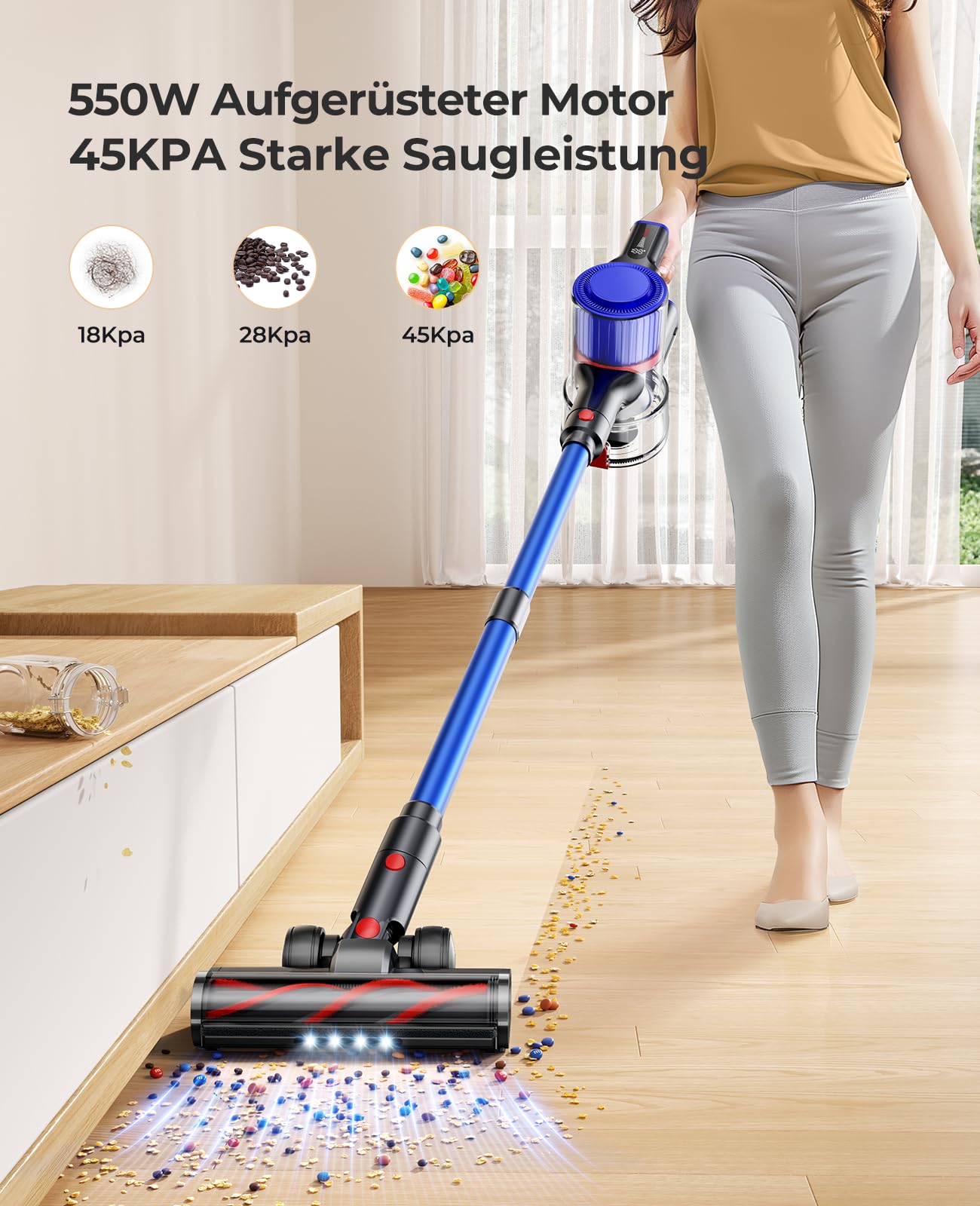 Fieety Akku Staubsauger, 550W/45KPa kabelloser Staubsauger, 60 Minuten Laufzeit, mit Aufstellfunktion, eingebauten Duftpads, Wandhalterung mit integrierter Ladestation/Anti-Haarbürste/mit Sofabürste