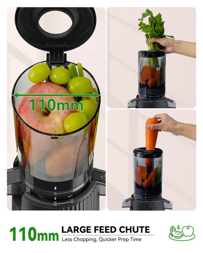 ACOQOOS Entsafter, Entsafter Gemüse und Obst with 110MM Einfüllöffnung, Leicht zu Reinigen Slow Juicer Machine with 2 Cups Schwarz