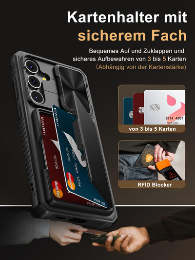 Vihibii für Samsung Galaxy S24 FE Hülle mit Kartenfach (4 Karten) [RFID Blocking] & Kameraschutz, Militärschutz Stoßfeste Handyhülle Kratzfeste Schutzhülle für Samsung Galaxy S24 FE 6,7'', Schwarz