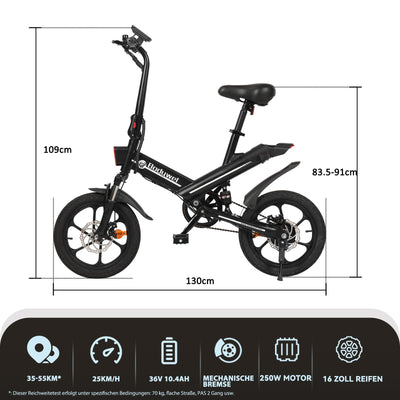 Bodywel T16 Mini E Bike 16 Zoll Elektrofahrrad 250W 36V/10.4AH Akku mit APP Funk Max 55km 4.5 Zoll LED Display Vollfederung für Herren Damen (Blau)