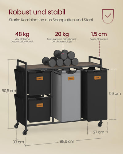 VASAGLE Wäschekorb 4 Fächer, Wäschesammler 150 L, Wäschesortierer, Rollen, Wäschewagen mit Ablage, Wäschesack, kleine seitliche Taschen, 6 Etiketten, kastanienbraun-tintenschwarz-taubengrau BLH203B01