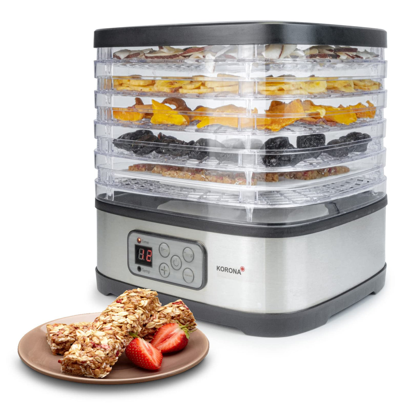 Korona 57011 Dörrautomat mit Müsliriegelform | 5 Ebenen | Trocknet Früchte, Fleisch, Fisch, Kräuter | Timer 8-72 Std. | Silikonform für Müsliriegel | BPA-frei | LED-Display