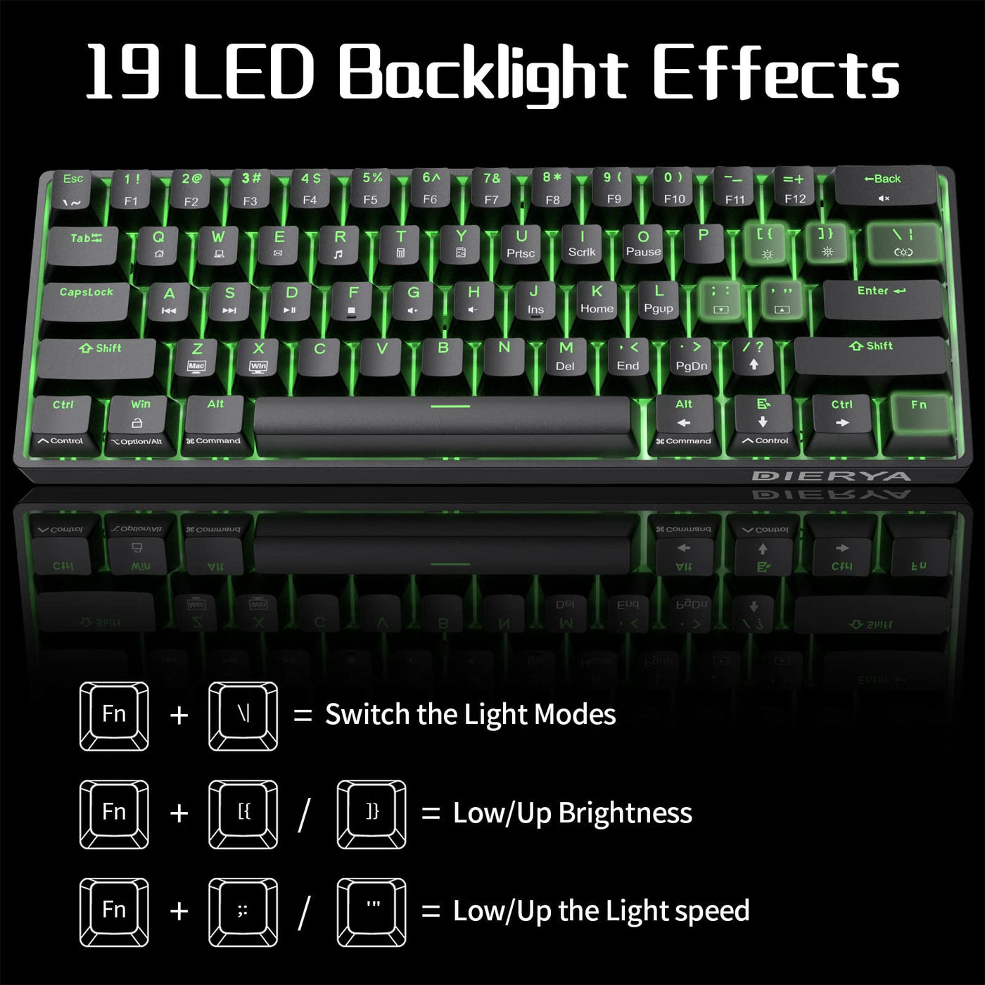 Dierya DK61se Gaming Tastatur,60% Prozent Mechanische Tastatur mit Brown Tactile Switch,Ultra-Compact Mini 61 Tasten Anti-Ghosting,Typ-C-Datenkabel,US Layout für PC Windows Gamer Typist,Schwarz