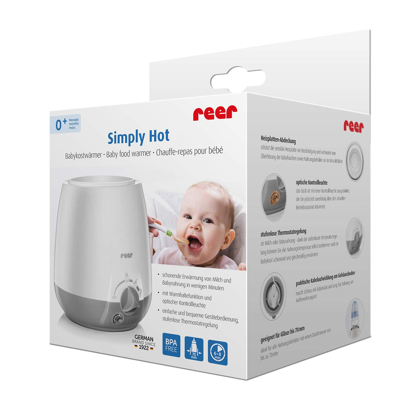 reer Babykostwärmer Simply Hot für Fläschchen und Gläschen, mit Warmhaltefunktion, Weiß/Grau, 1 Stück (1er Pack)