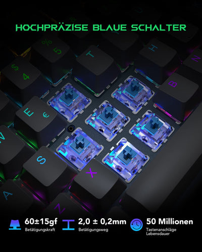 Black Shark Mechanische Gaming Tastatur RGB-Beleuchtung, QWERTZ Deutsches Layout, Blauen Schaltern, Anti-Ghosting 105 Tasten, Metall Platte, Voll Programmierbare Gaming Tastatur, für PC Gamers