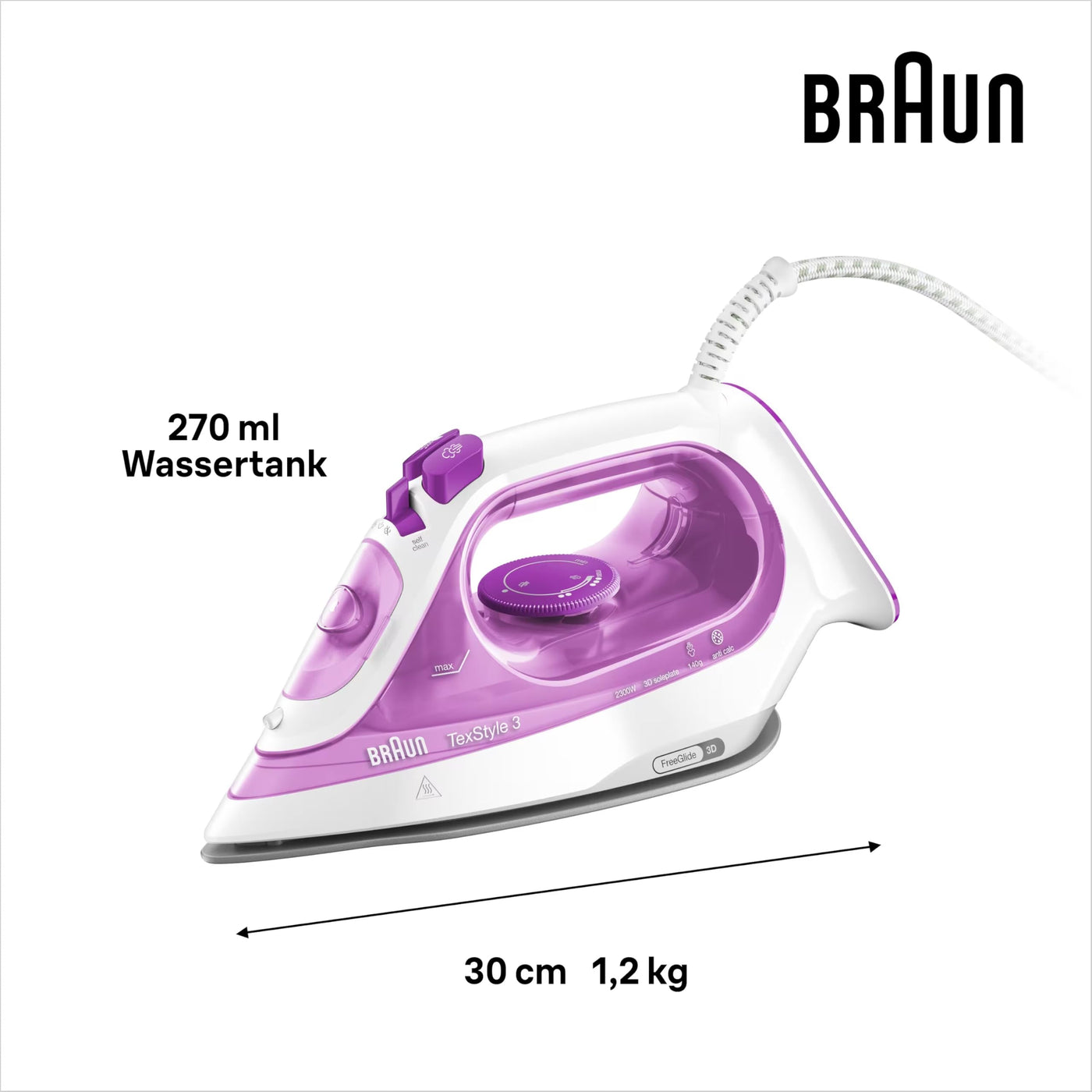 Braun TexStyle 3 SI 3030 PU Dampfbügeleisen - Bügeleisen mit FreeGlide 3D Bügelsohle, Selbstreinigungs Funktion, 2300 Watt, Dampfstoß 140g/min, 270 ml Wassertank, Violett