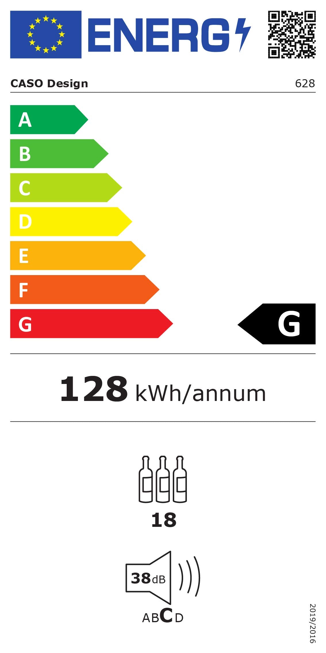 Caso Winesafe 18 EB Design Einbauweinkühlschrank für bis zu 18 Flaschen (bis zu 310 mm Höhe), eine Temperaturzone 5-20°C, Getränkekühlschrank, Energieklasse G, Schwarz (Griff Edelstahl)