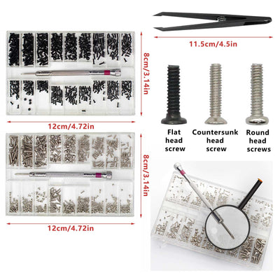 Kit d'assortiment de petites vis 1000 pièces, ensemble de micro-vis M1.2 M1.4 M2, vis de remplacement pour lunettes de montre, ordinateur, ensemble de petites vis de réparation avec tournevis et pince à épiler, argent noir