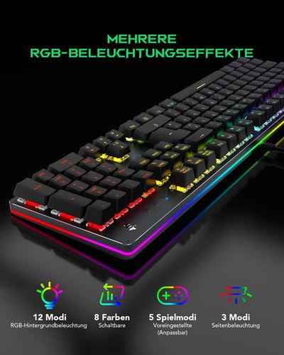 Black Shark Mechanische Gaming Tastatur RGB-Beleuchtung, QWERTZ Deutsches Layout, Rote Schalter, Anti-Ghosting 105 Tasten, Metall Platte, Voll Programmierbare Gaming Tastatur, für PC Gamers