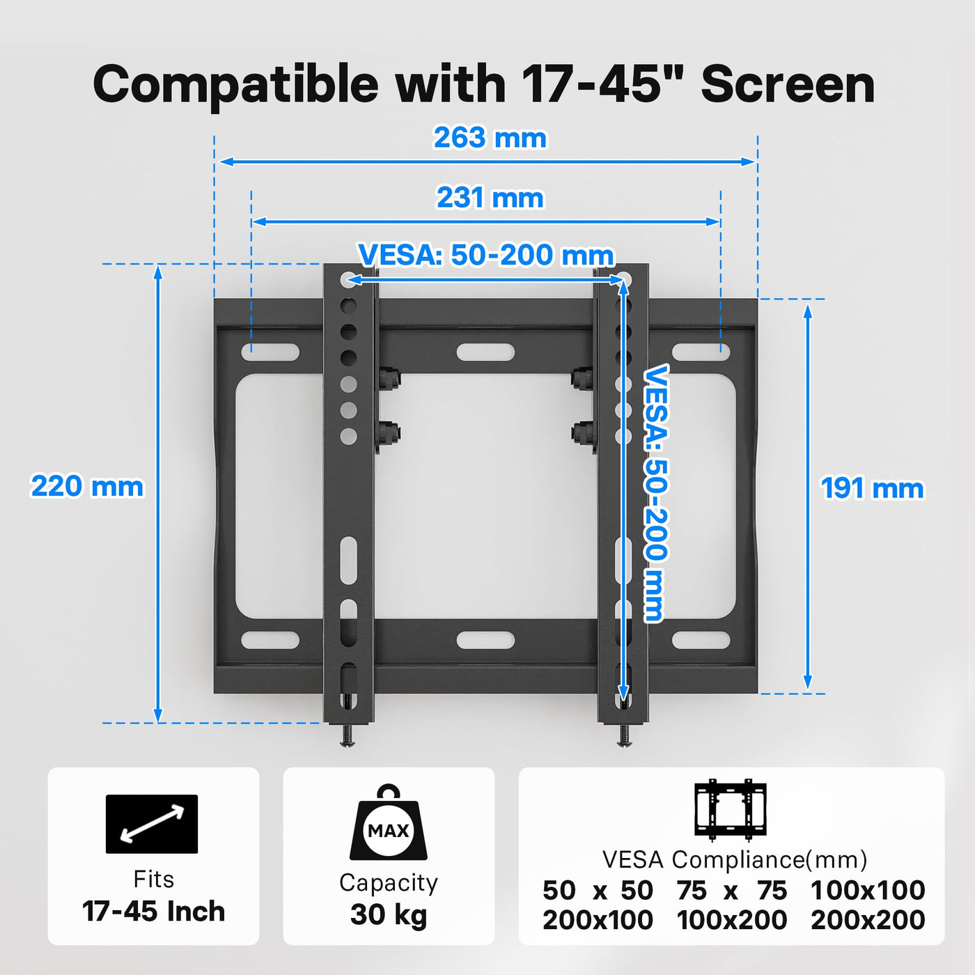 BONTEC TV Wandhalterung für 17-45 Zoll LED LCD OLED Plasma Flachbildfernseher, Ultra Dünn Neigbare TV Halterung bis 30 kg, max VESA 200x200 mm, Luftpolster und Kabelbinder Enthalten