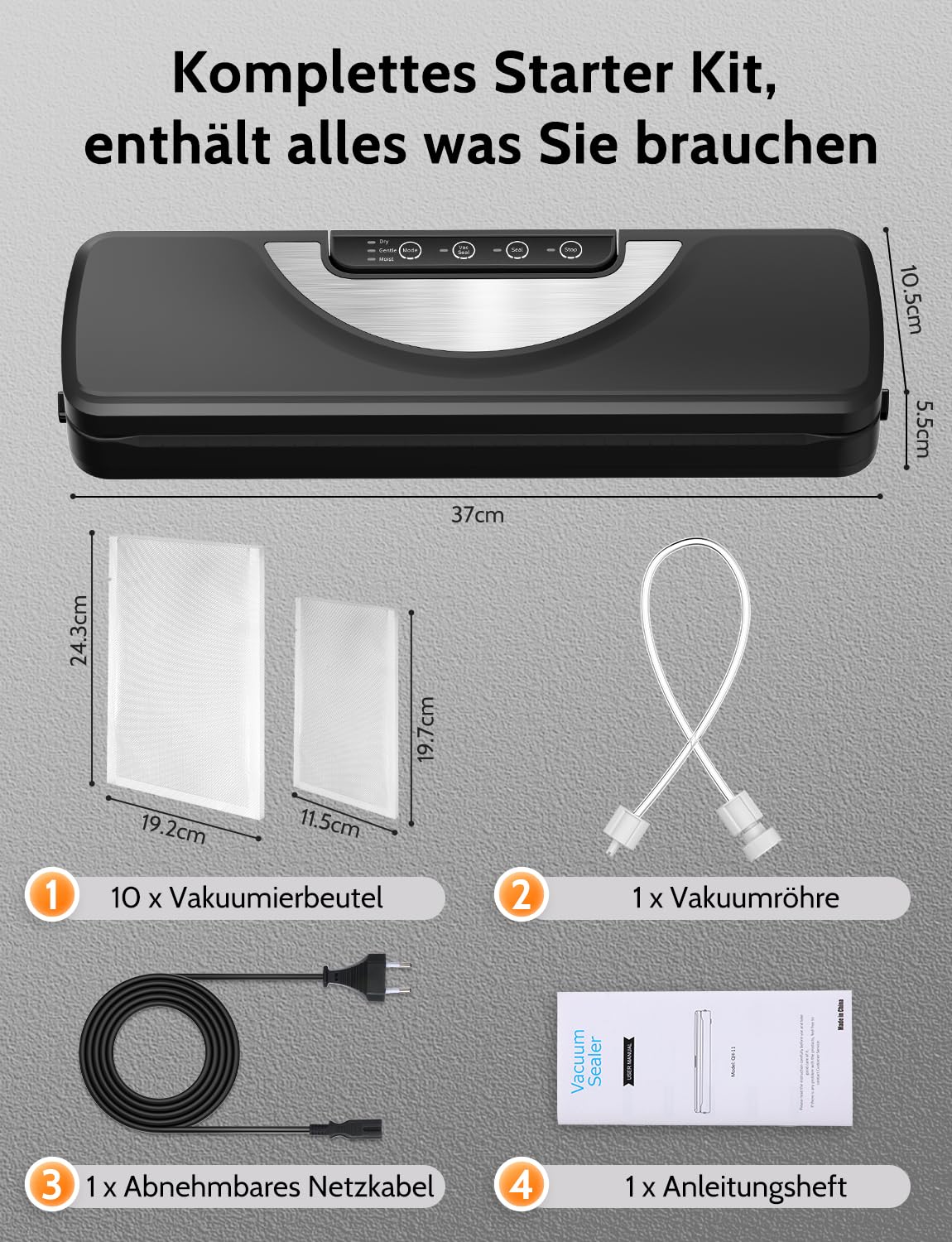 Vakuumiergerät 5 in 1, Vakuumierer sous vide mit Eingebauter cutter, Vacuumiergeraet Folienschweißgerät inkl.10 Vakuumierbeutel und Schlauch, Einschweissgerät Vakuum Sealer für Lebensmittel, aus ABS