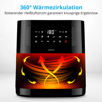 MEDION E40 XL Heißluftfritteuse (5,2 Liter Frittierkorb, 2.150 Watt, 9 Automatikprogramme, Backfunktion, ölfreies Frittieren, Touch Bedienfeld, LED Anzeige) schwarz