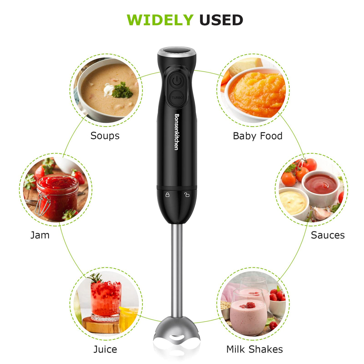 Bonsenkitchen Pürierstab, Stabmixer Elektrischer, 1000W Pürierstab Edelstahl, Stufenlos Geschwindigkeiten Rührstab für Babynahrung, Suppe, Smoothies, Püree, Sauce hand blender, Schwarz, HB3201