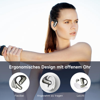 EUQQ Bluetooth Kopfhörer Sport, Open Ear Kabellos Kopfhörer Bluetooth 5.4 mit Ohrhaken, 40 Stunde Spielzeit mit LED-Anzeige, HiFi Stereo Ohrhörer mit HD Mic, Touch Control, IP7 Wasserdicht Ohrhörer