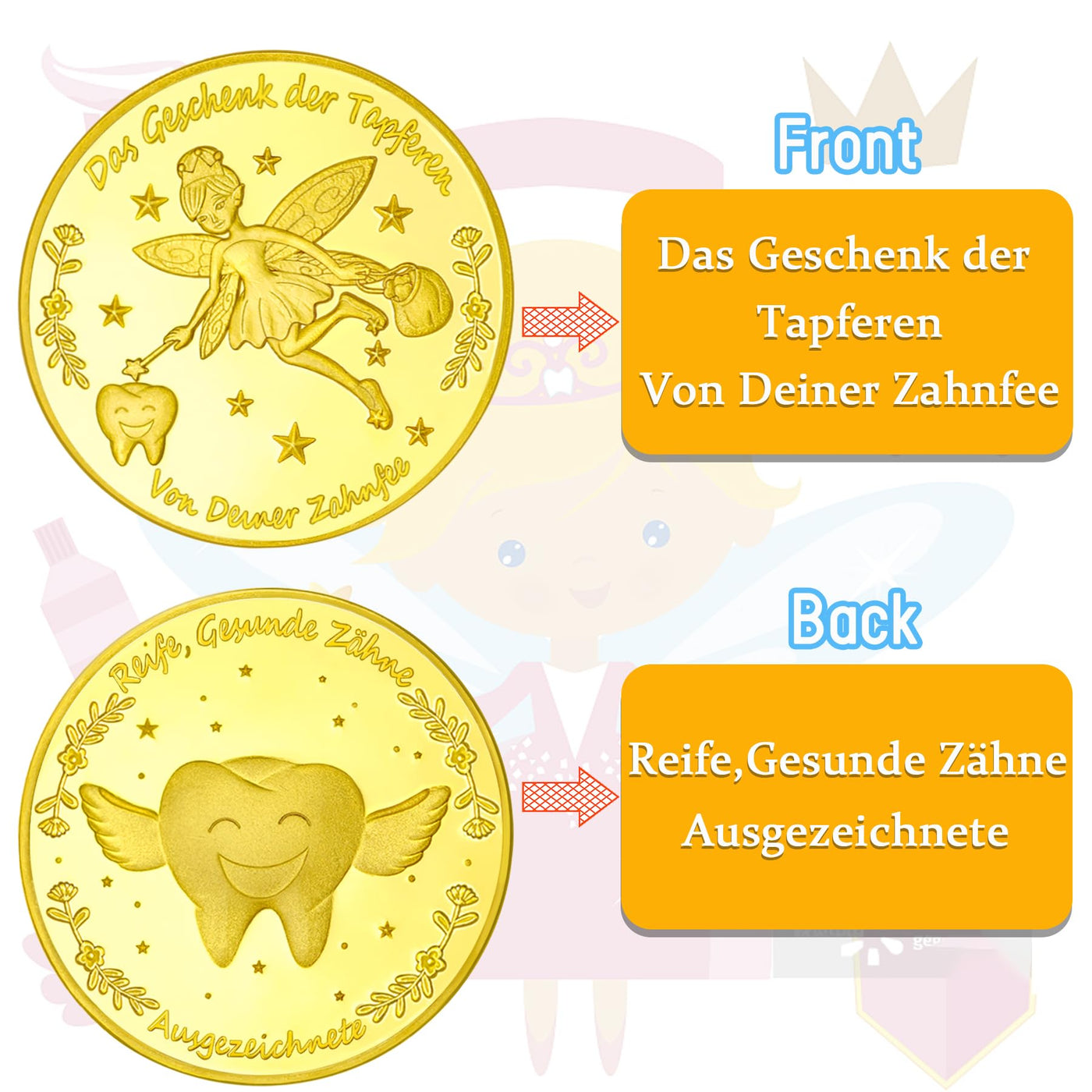 VEEKAY Zahnfee Münzen,10 Stück Zahnfee Goldtaler,Tooth Fairy Coins,Zahnfee Geschenk,Goldmünzen Kinder,Verlorenen Zahn Kinder Geschenke Souvenir,Gedenkmünze,Zahnfee Geschenke Ideen für Mädchen Junge