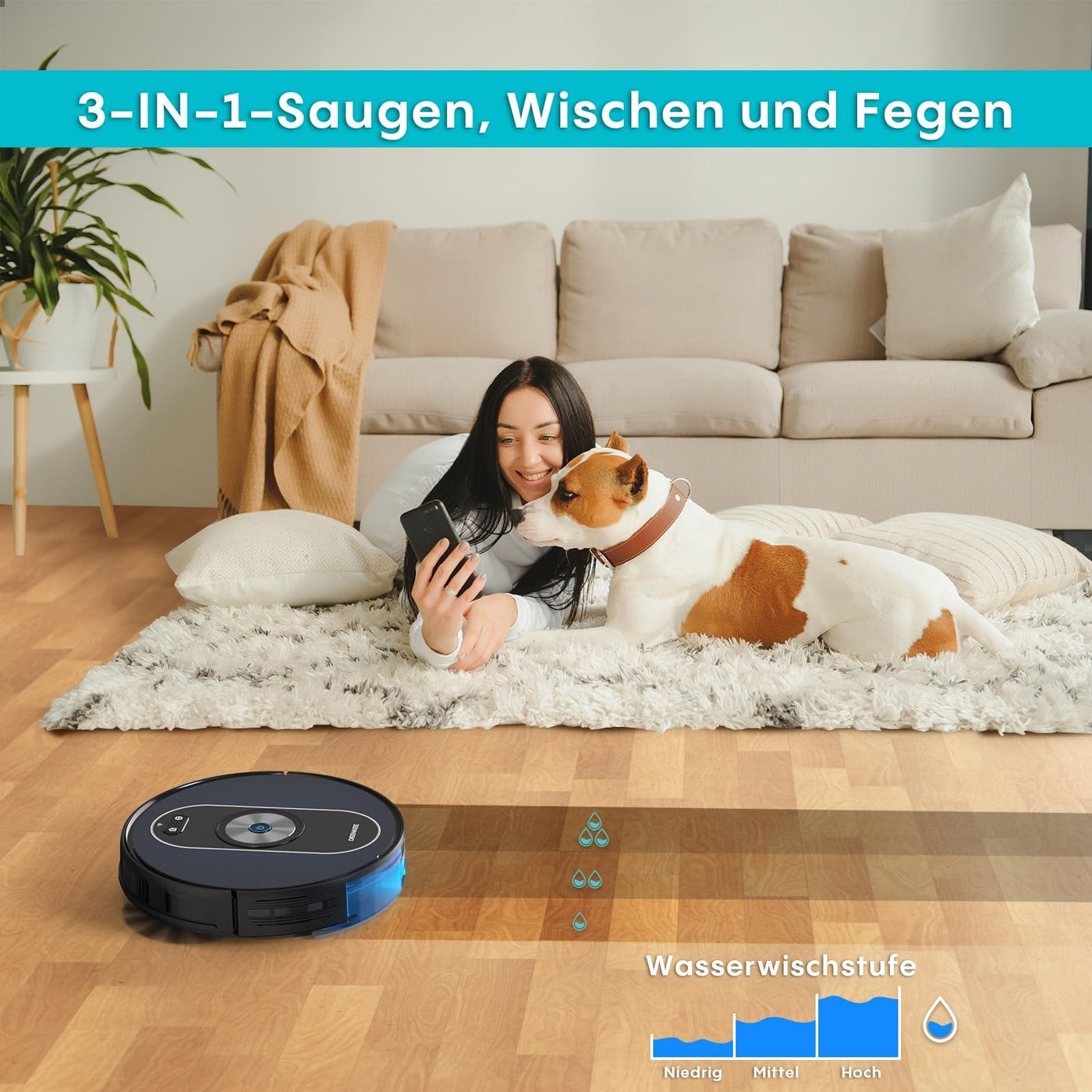 DEENKEE Saugroboter mit Wischfunktion, 3000Pa Staubsauger Roboter 180 Mins Max, 3 in 1 Roboterstaubsauger, Gyroskop-Navigation 3.0, WLAN, Laufzeit Ideal für Tierhaare,Teppich,Hartboden