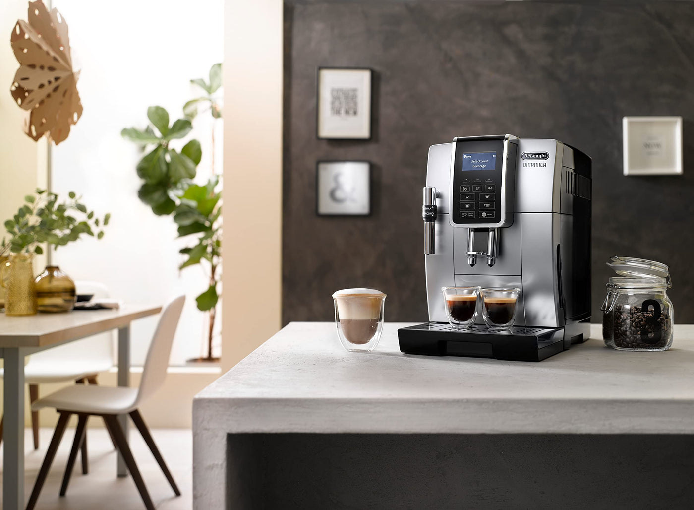 De'Longhi Dinamica ECAM 350.35.SB Kaffeevollautomat mit Profi-Milchaufschäumdüse für Cappuccino, Espresso, Kaffee und Long Coffee Direktwahltasten, Klartext Digitaldisplay, 2-Tassen-Funktion, Silber