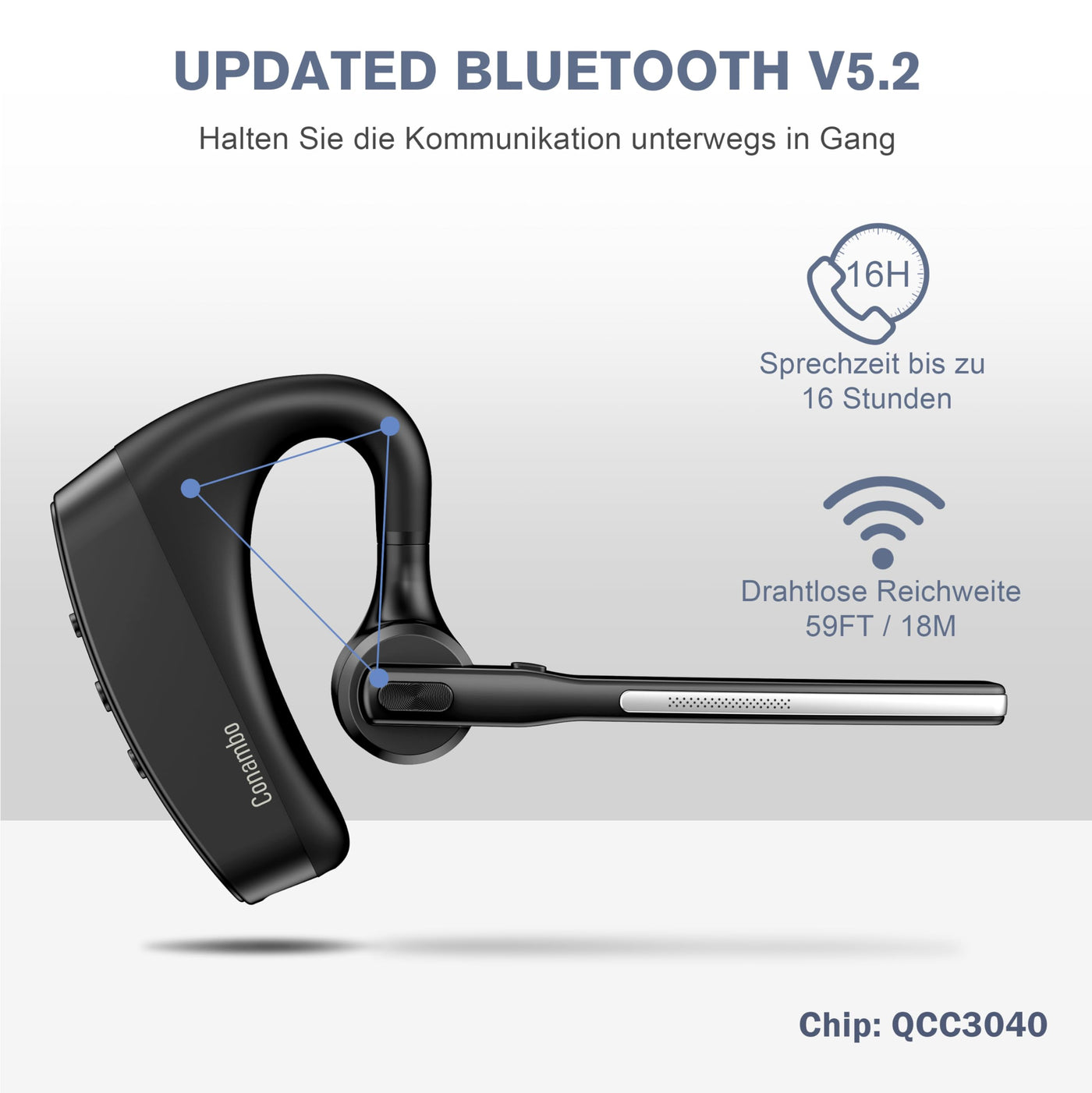 Conambo Headset Bluetooth V5.2,Wireless Bluetooth Freisprech Headset mit CVC 8.0 und ENC Dual Mic Noise Cancelling,70 Std Spielzeit mit Ladecase,Bluetooth Ohr für Autofahren/Büro/Geschäft