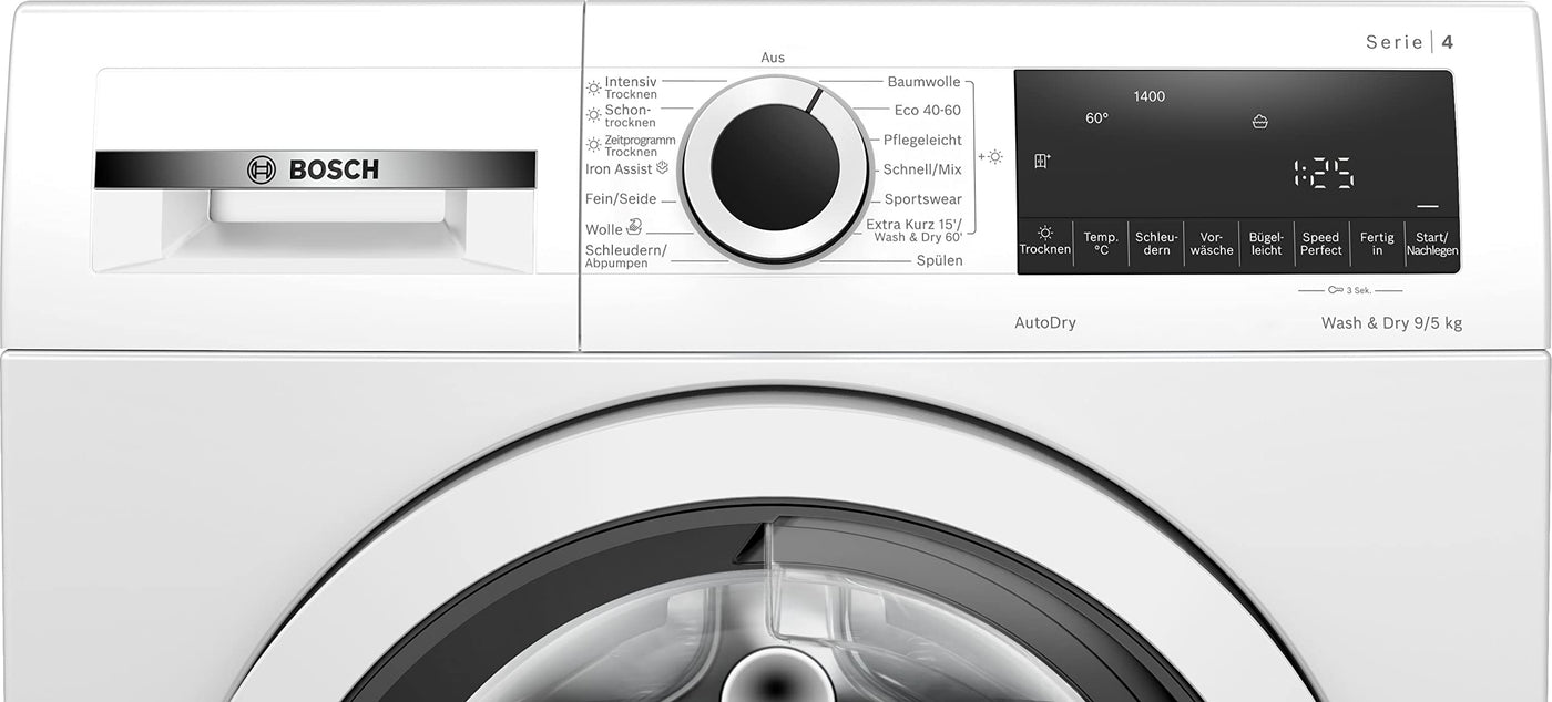 Bosch WNA13441 Serie 4 Waschtrockner, 9 kg Waschen & 5 kg Trocknen, 1400 UpM, optimale Trocknung, clevere Dampfbehndlung, leiser und effizienter Motor, Wäschepflege in 60 Minuten