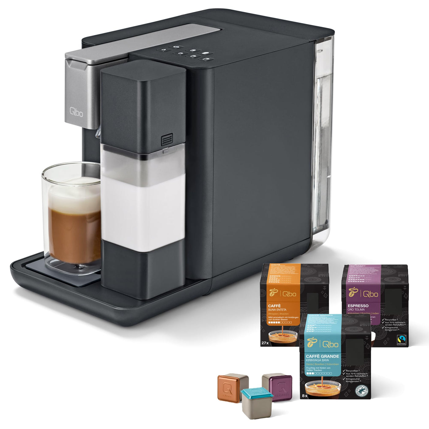 Tchibo Qbo MILK MASTER Premium Kapselmaschine inkl. 24 recyclebare Qbo Kapseln für Cappuccino, Espresso, Caffè Crema, Milchschaum auf Knopfdruck mit abnehmbarem Milchtank 300ml, Gently Grey