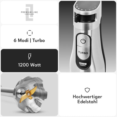 LEBENLANG Premium 1200W Stabmixer Set - Inkl. 5x Zubehör & Spritzschutz I Stufenlos verstellbar & Turbo I Elektrische Hand Blender Pürierstab Edelstahl Zauberstab Mixer Mixstab Purierstabmixer Stab