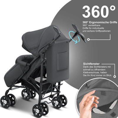 KIDIZ® Kinderwagen City-Pro Buggy Kinderbuggy klappbar Liegebuggy Sportwagen Faltbar 360° 6-Zoll-Rädern Inkl. Moskitonetz, Fußsack und Regenverdeck zusammenklappbar Schlaffunktion Anthrazit