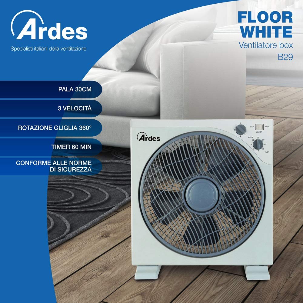 ARDES - Tragbarer quadratischer Tisch- oder Bodenventilator mit 5 Flügeln und 3 Intensitätsstufen, 360-Grad-Drehung und Timer, Bodenventilator, weiß, Box Floor AR5B29