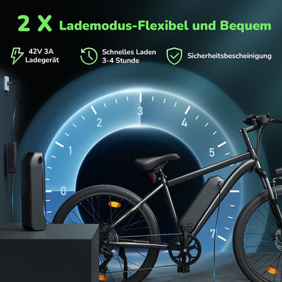 Finbike E Bike mit USB-Slot, 26" Elektrofahrrad Abnehmbarer 10400mAh Akku,7-Gang Pro,3.5H Schnellladung,5 Fahrmodi,E-Mountainbike Reichweite Max 100km,250W Electric Fahrrad Herren Damen