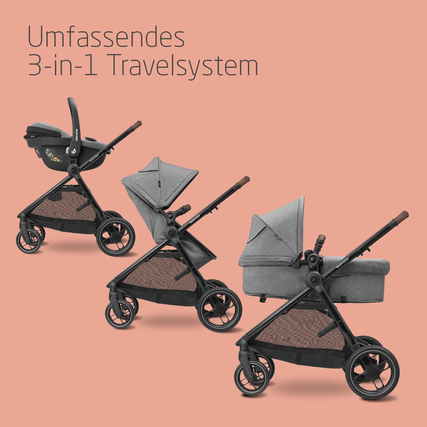 Maxi-Cosi Zelia S Trio Kinderwagen 3 in 1 Komplettset, 0-4 Jahre, bis 22 kg, Zusammenklappbar, Kompakt, Verstellbarer Baby Kinderwagen, mit CabrioFix S i-Size Babyschale, Zubehör, Wickeltasche, Grau