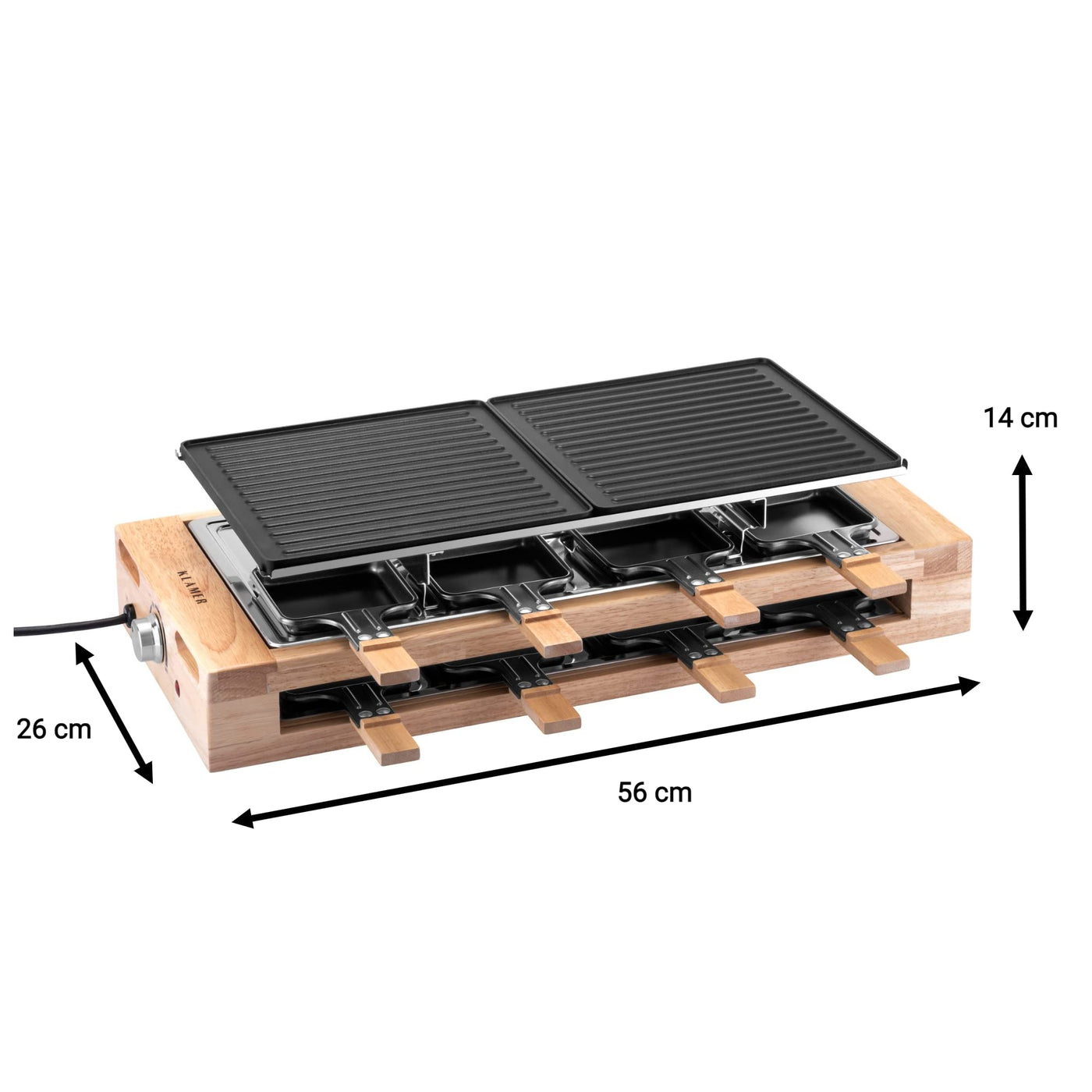 KLAMER Raclette 8 Personen, 1500W Raclette Grill mit Holzgestell, Raclette mit antihaftbeschichteter Grillplatte, Tischgrill elektrisch