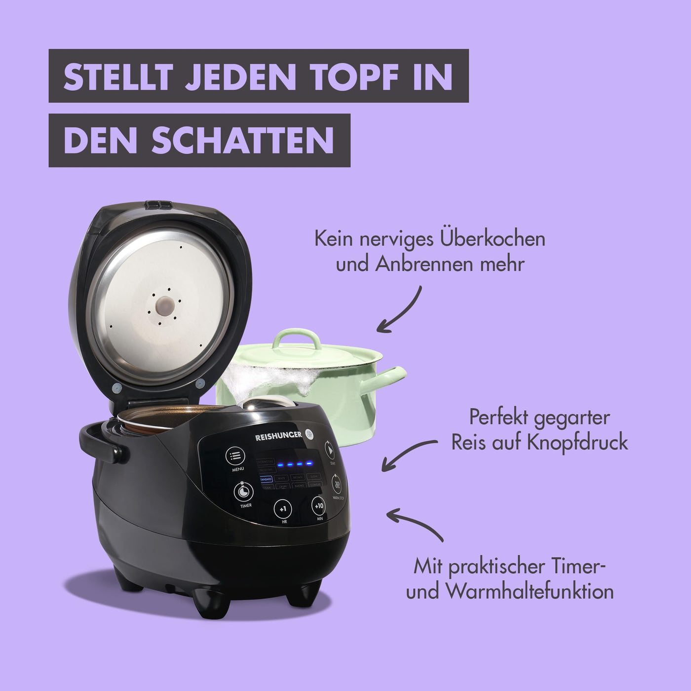 REISHUNGER Digitaler Reiskocher klein, schwarz | 0,6 L bis 3 Personen | Warmhaltefunktion, Timer & Premium Topf | Kleiner Multikocher & Dampfgarer, 8 Programme, 7-Phasen-Technologie