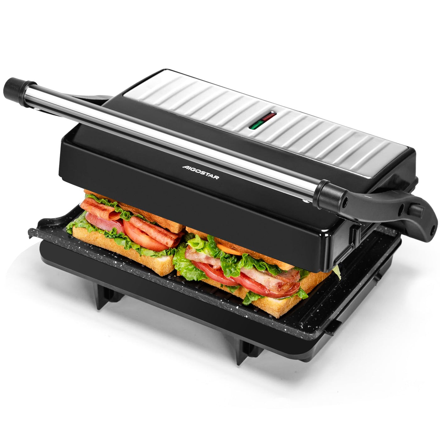 Aigostar York Pro - Kontaktgrill für Sandwiches, Steak, Panini Grill und Sandwichmaker mit Antihaftbeschichtet, 1000W, 23 x 14,5cm, 180º Öffnung, Leicht zu Reinigen.