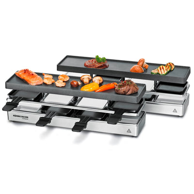 ROMMELSBACHER RC 1600 Raclette-Grill fun for 4+4 (Tischgrill, für 8 Personen, erweiterbar, Parkdeck, Alu-Druckguss-Grillplatte mit Xylan Plus Antihaftbeschichtung, 1460 W) silber