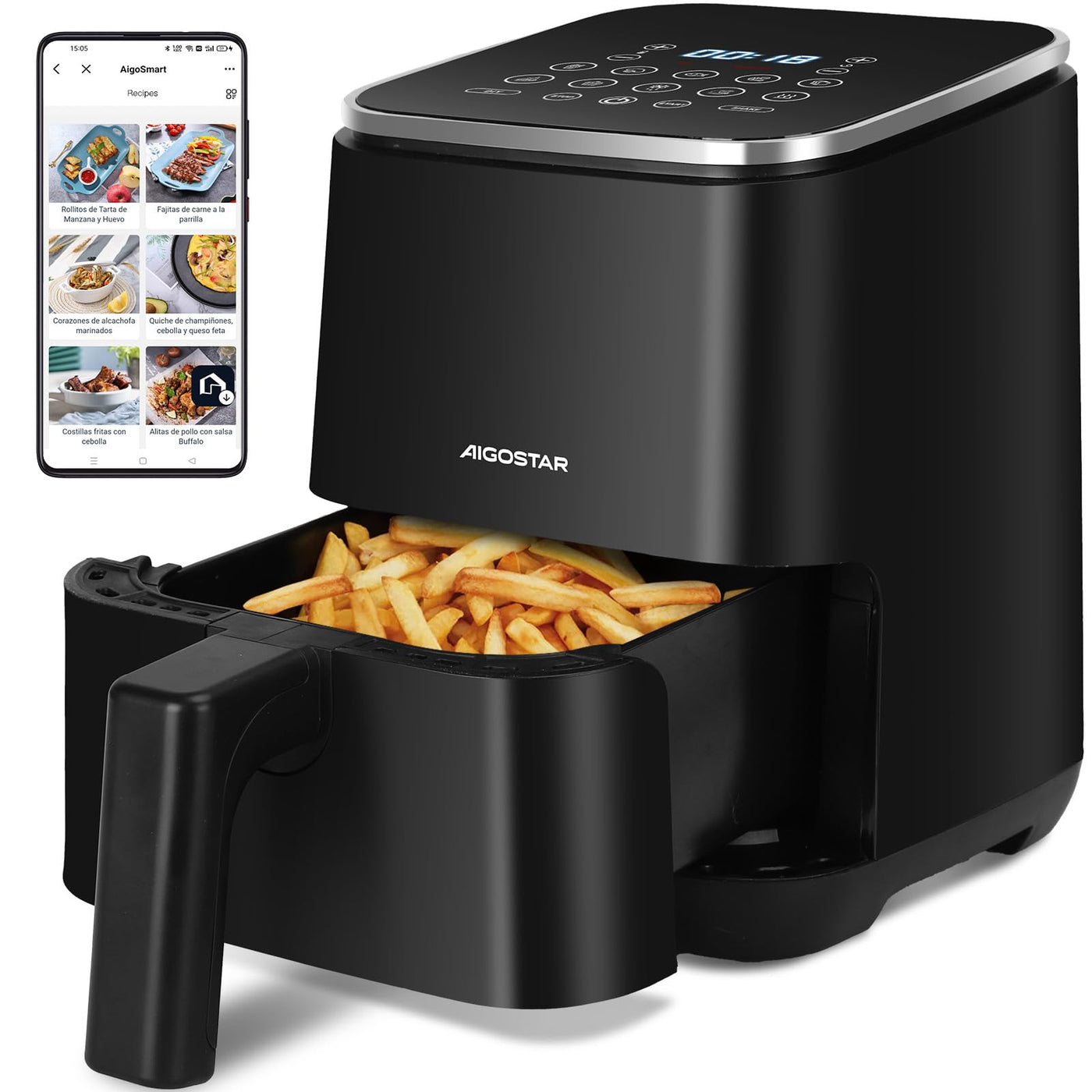 Aigostar Dot - Heißluftfritteuse 2L, Airfryer mit 8 Programmen und LED-Touchscreen, 1200W, einstellbare Zeit und Temperatur, herausnehmbarer Antihaft-Rost, leicht zu reinigen, BPA-frei